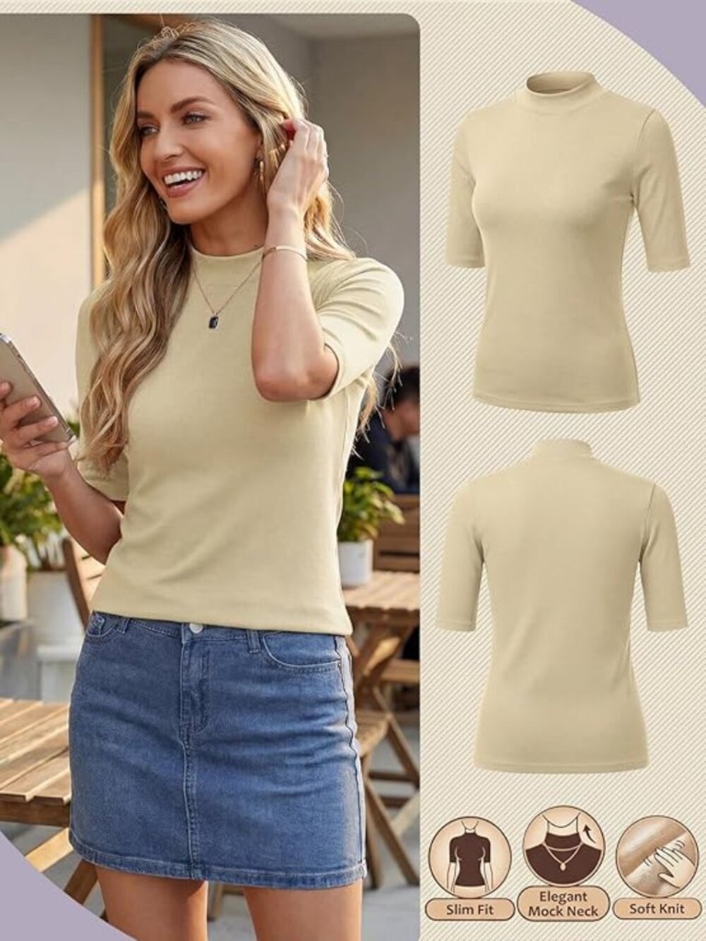 Beige Mock Neck Short Sleeve Shirt